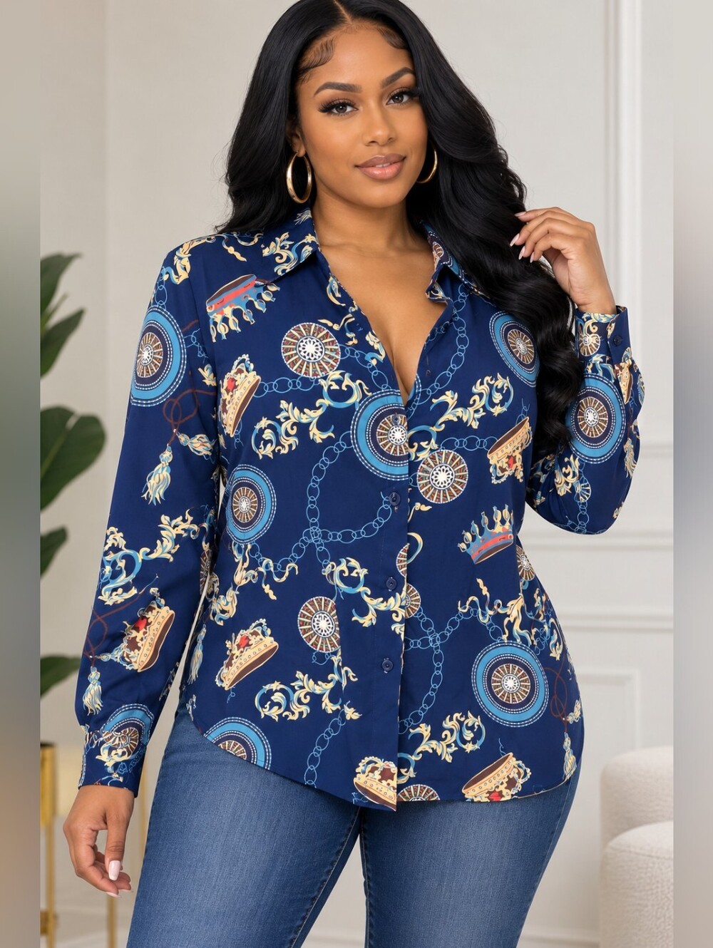 Women's Navy Printed Button-Up Blouse